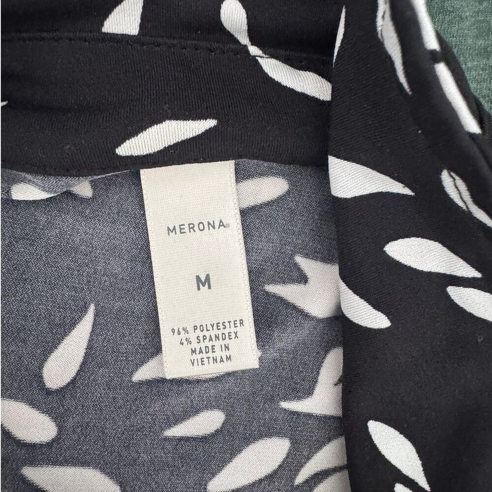 Merona Womens Medium Pullover Wrap Collared Top Short Sleeve Black White Print - Picture 4 of 8
